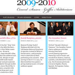 Design grafic pagina home pentru o asociatie care organizeaza concerte de muzica clasica din Statele Unite.